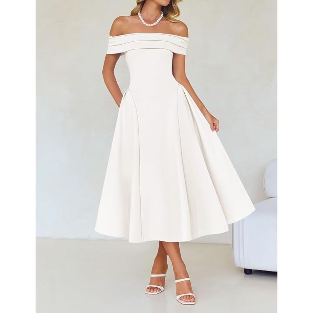 White Off-Shoulder Flowy A-Line Midi Dress - Picture 1 of 5